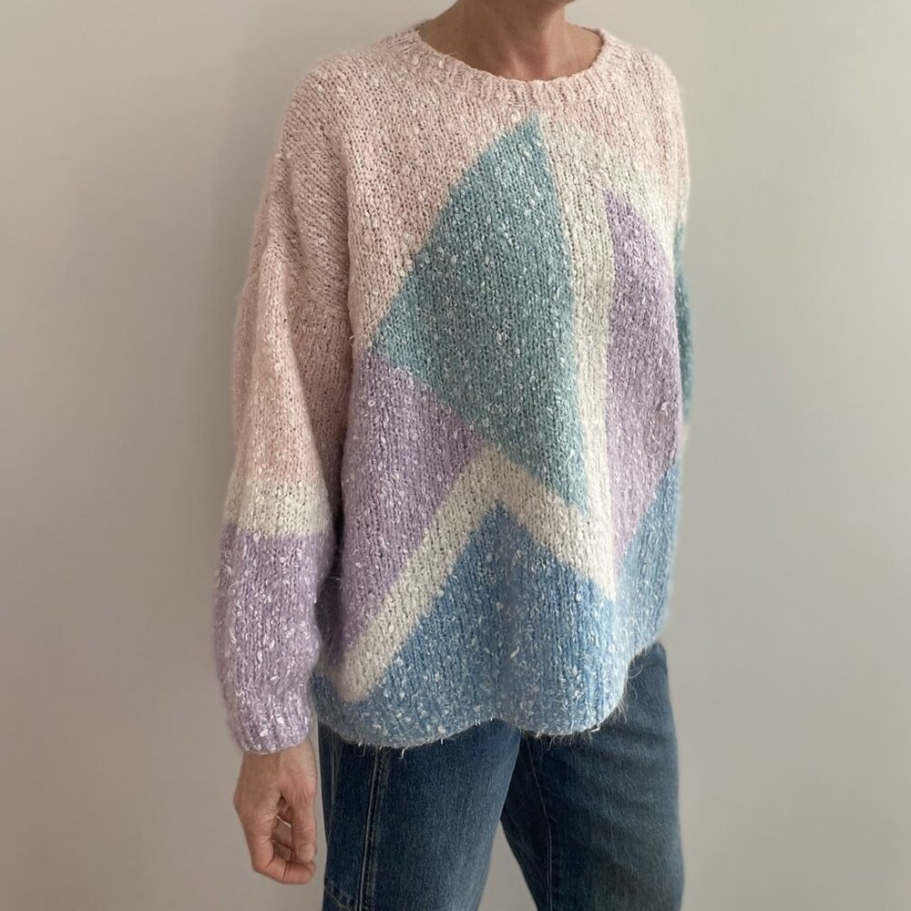 Vintage 80s Mohair Sweater – Pastel Color Block, Oversized Fit